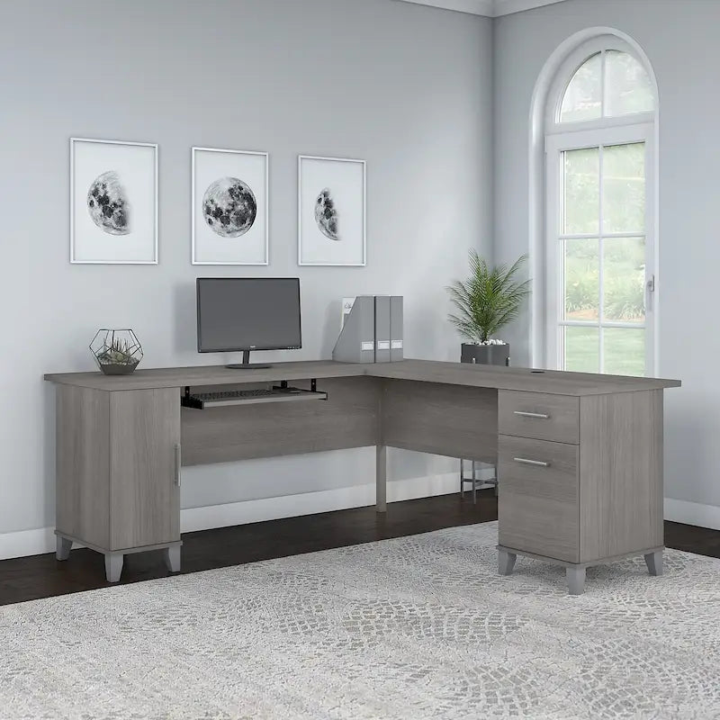 72 Inch L-Shaped Desk with Storage Cabinet, File Drawer and Keyboard Tray