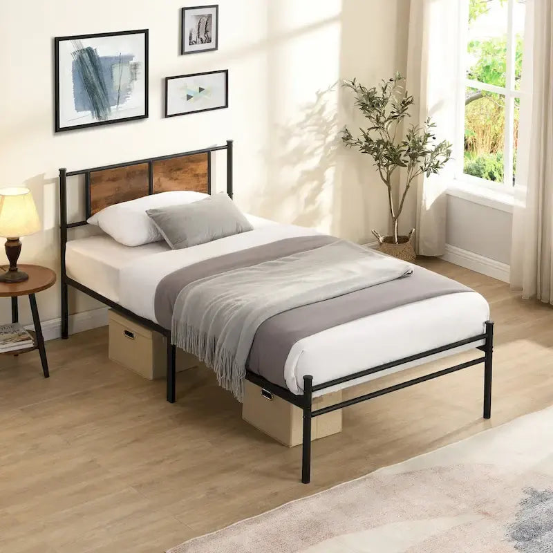 Metal Platform Bed with Wood Panel Headboard