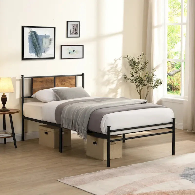 Metal Platform Bed with Wood Panel Headboard