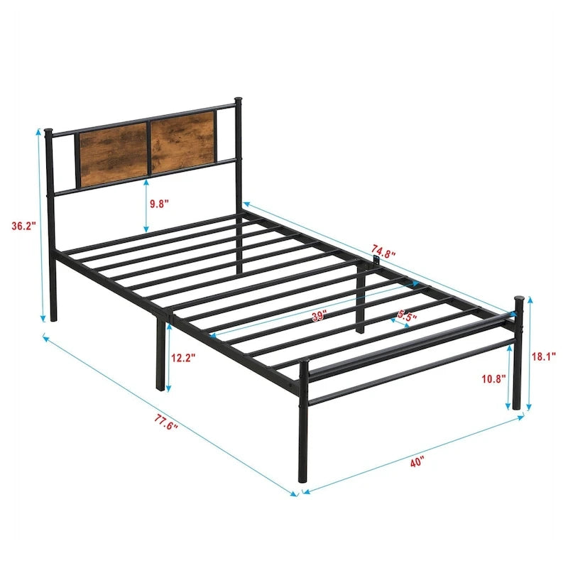 Metal Platform Bed with Wood Panel Headboard