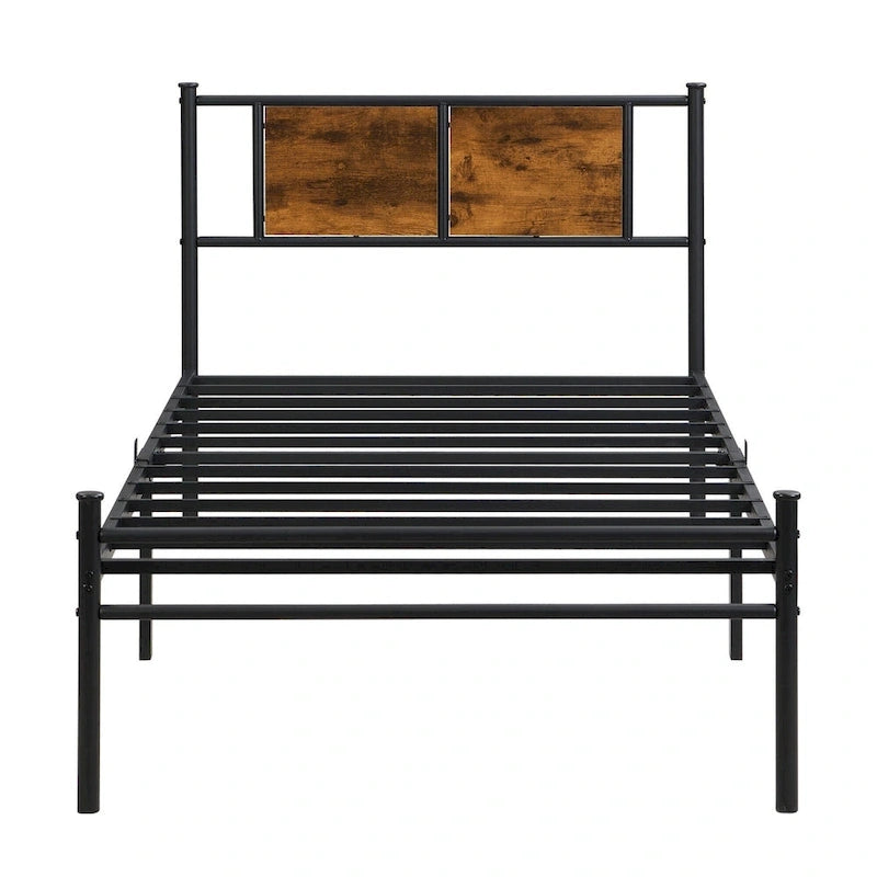 Metal Platform Bed with Wood Panel Headboard