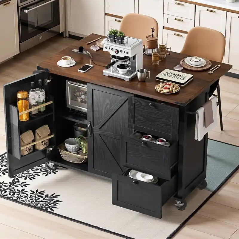 Farmhouse Kitchen Island with Power Outlet, Drop Leaf and Rolling Wheels, 54.5 Inch