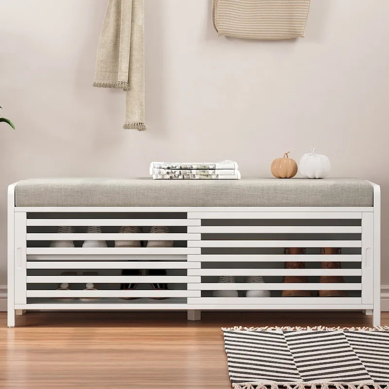 Entryway Storage Bench with Cushion and Sliding Doors, 43.3W x 15.4D x 16.5H