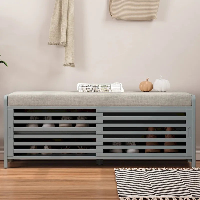 Entryway Storage Bench with Cushion and Sliding Doors, 43.3W x 15.4D x 16.5H