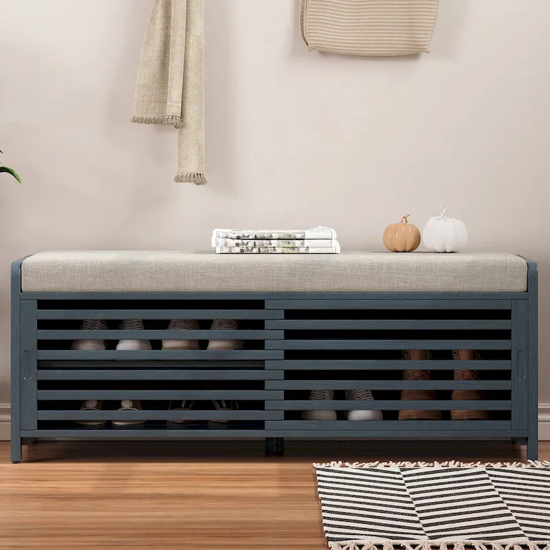 Entryway Storage Bench with Cushion and Sliding Doors, 43.3W x 15.4D x 16.5H