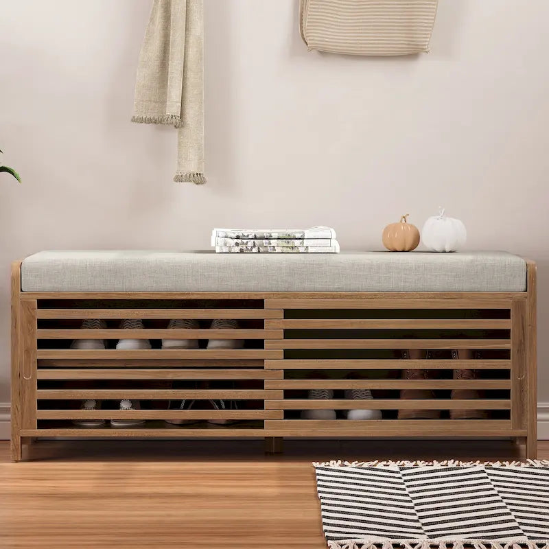 Entryway Storage Bench with Cushion and Sliding Doors, 43.3W x 15.4D x 16.5H