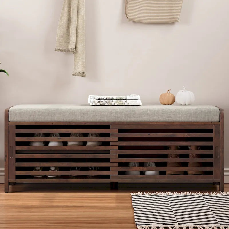 Entryway Storage Bench with Cushion and Sliding Doors, 43.3W x 15.4D x 16.5H