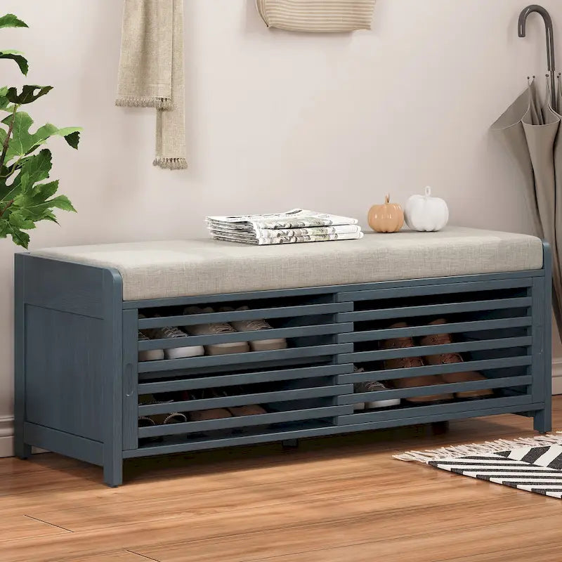 Entryway Storage Bench with Cushion and Sliding Doors, 43.3W x 15.4D x 16.5H
