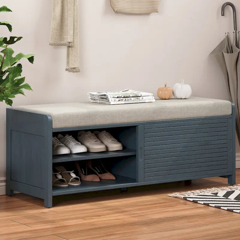 Entryway Storage Bench with Cushion and Sliding Doors, 43.3W x 15.4D x 16.5H