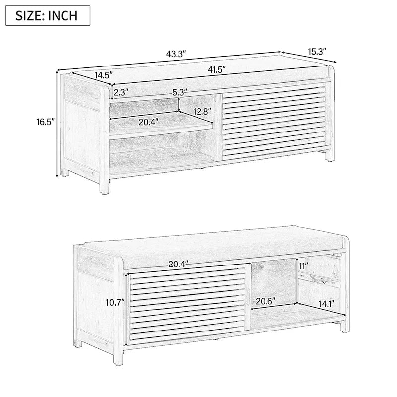Entryway Storage Bench with Cushion and Sliding Doors, 43.3W x 15.4D x 16.5H