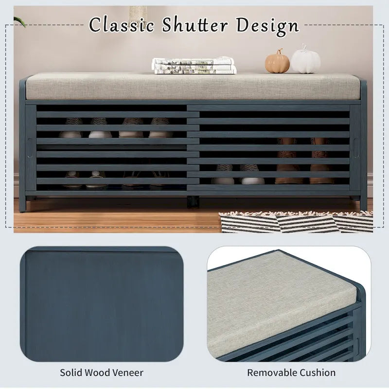 Entryway Storage Bench with Cushion and Sliding Doors, 43.3W x 15.4D x 16.5H