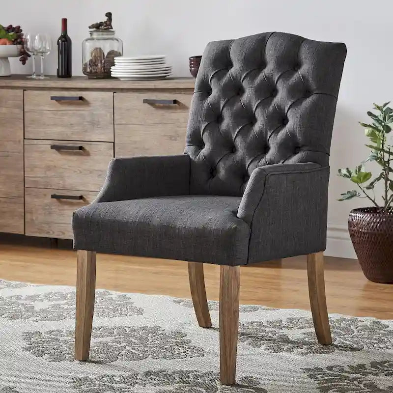 Tufted Upholstered Dining Arm Chair with Wooden Legs