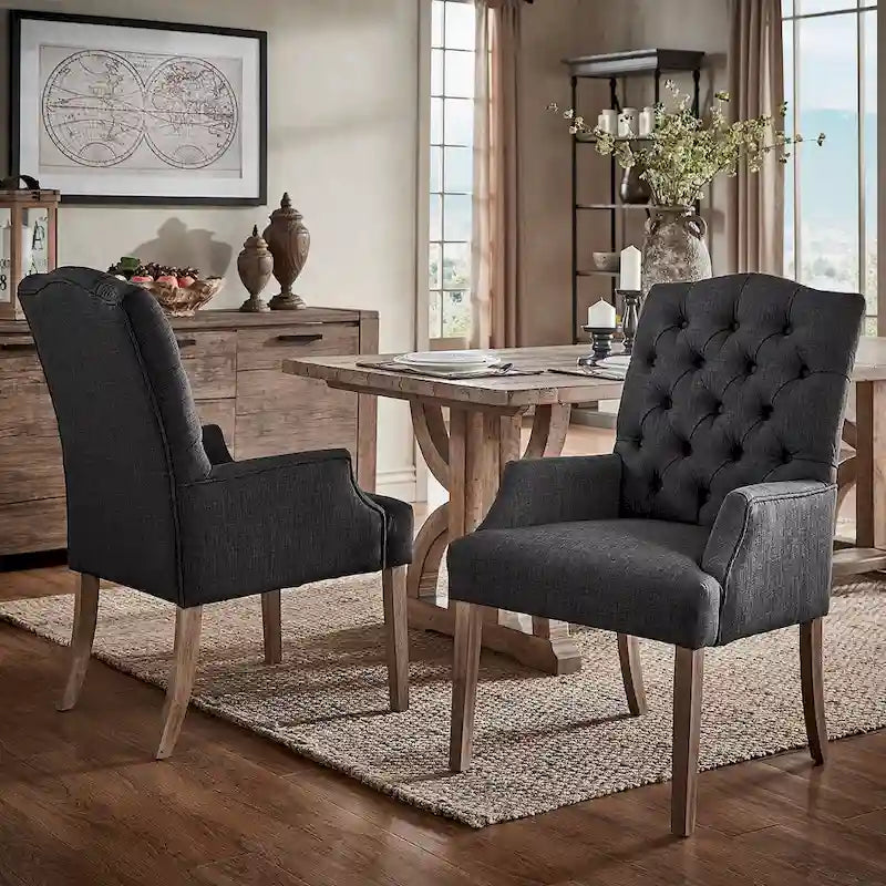 Tufted Upholstered Dining Arm Chair with Wooden Legs