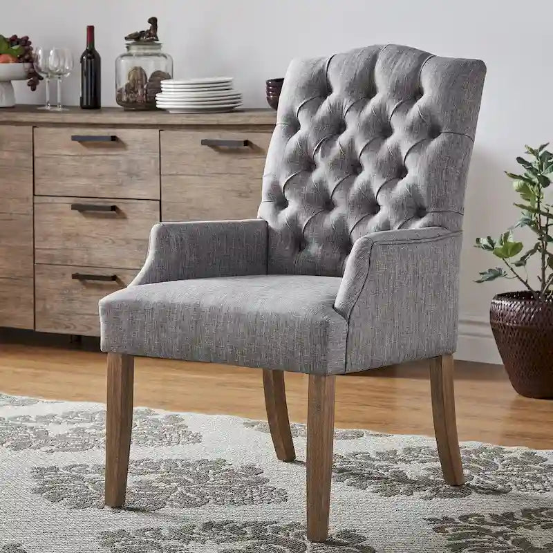 Tufted Upholstered Dining Arm Chair with Wooden Legs