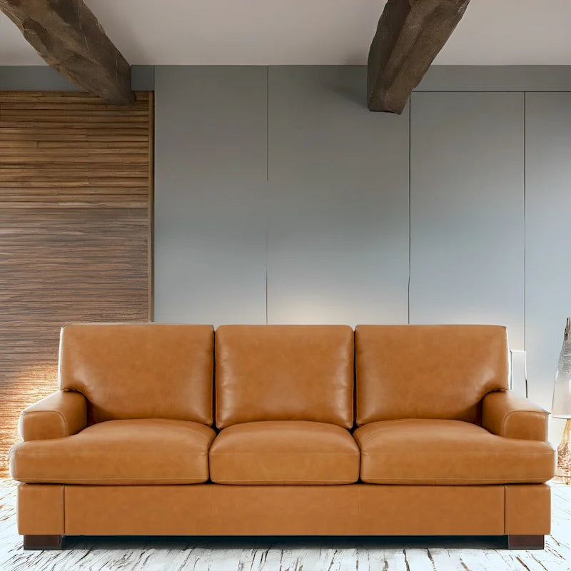 Premium Genuine Leather 3-Seater Sofa with Goose Feather Cushions and Deep Plush Seating