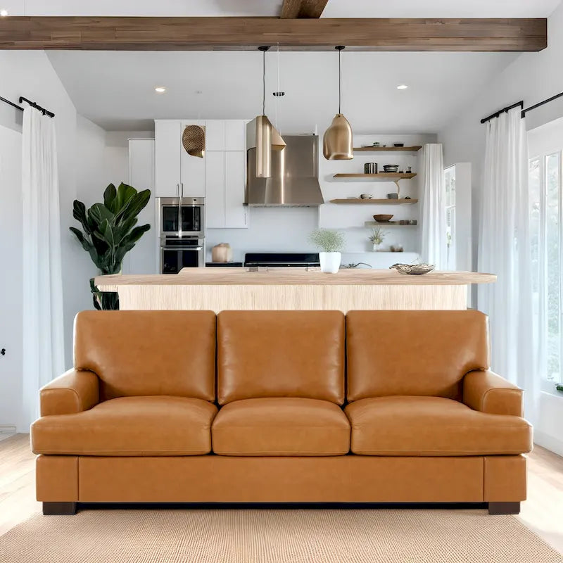 Premium Genuine Leather 3-Seater Sofa with Goose Feather Cushions and Deep Plush Seating
