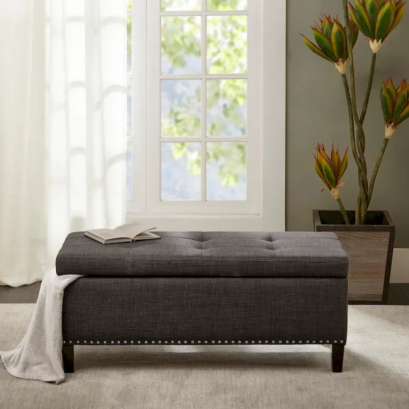 Tufted Storage Bench with Soft Close Lid and Nailhead Trim