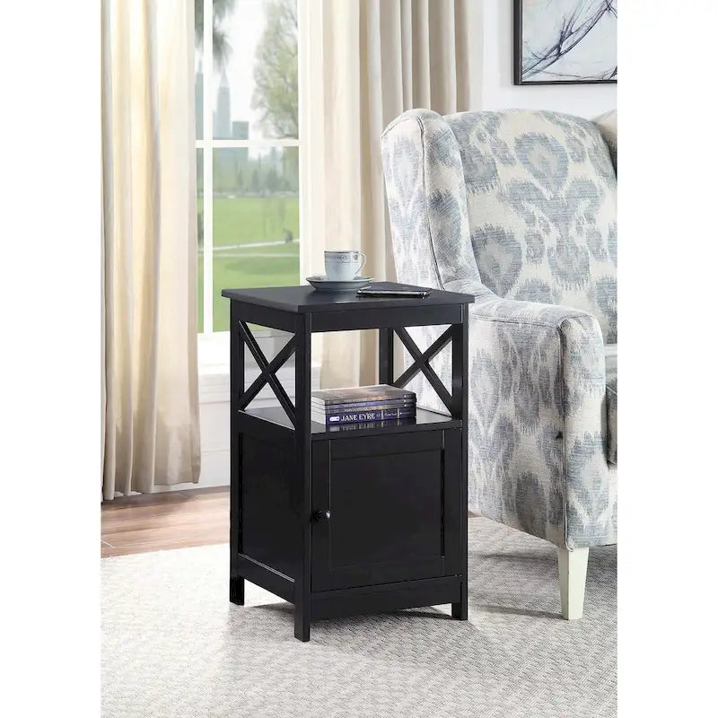 End Table with Storage Cabinet and Shelf, Transitional Farmhouse Style