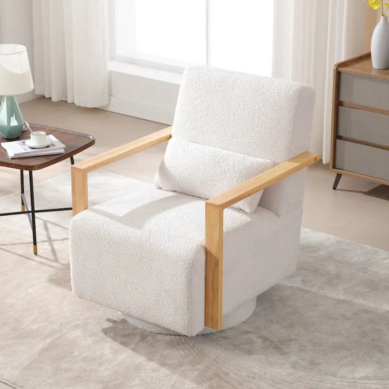 Mid-Century Boucle Upholstered Swivel Armchair with Pillow