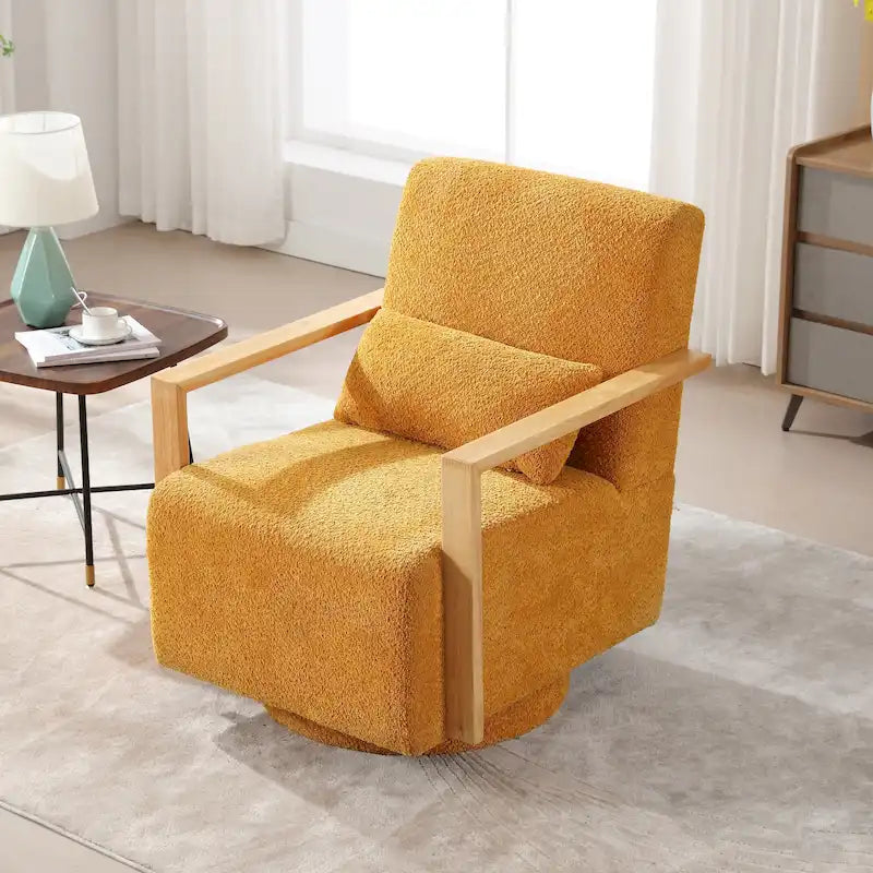 Mid-Century Boucle Upholstered Swivel Armchair with Pillow