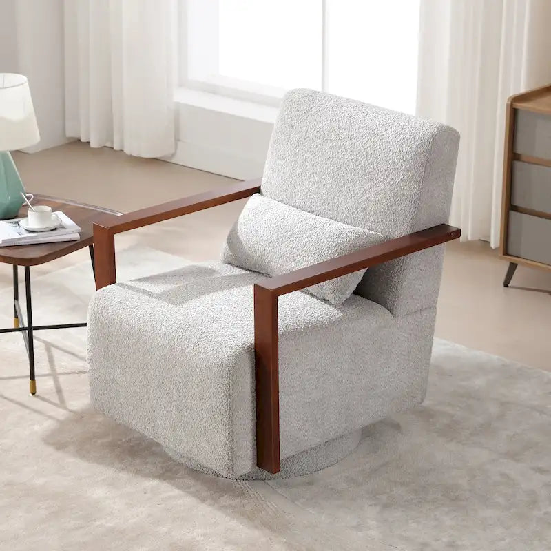 Mid-Century Boucle Upholstered Swivel Armchair with Pillow