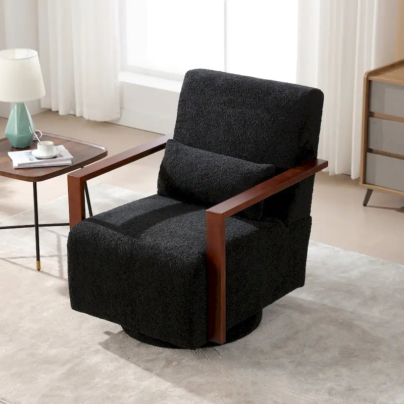 Mid-Century Boucle Upholstered Swivel Armchair with Pillow