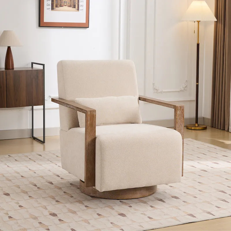 Mid-Century Boucle Upholstered Swivel Armchair with Pillow