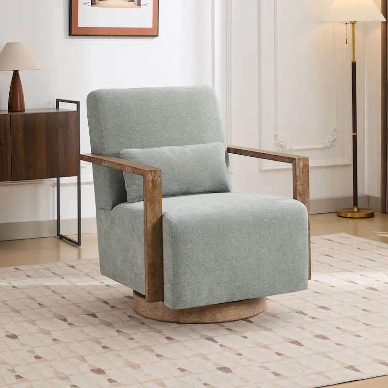 Mid-Century Boucle Upholstered Swivel Armchair with Pillow