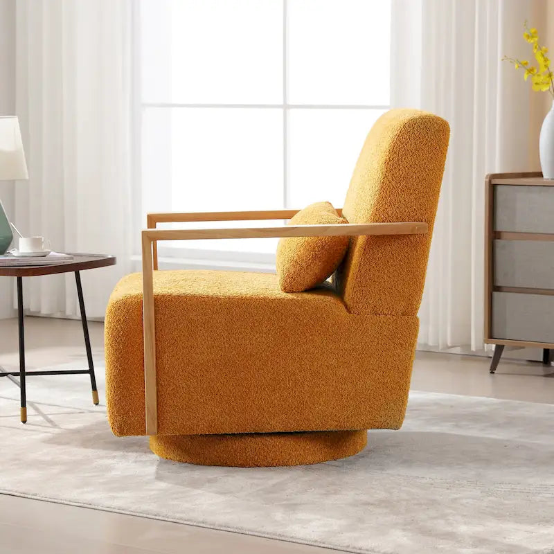 Mid-Century Boucle Upholstered Swivel Armchair with Pillow
