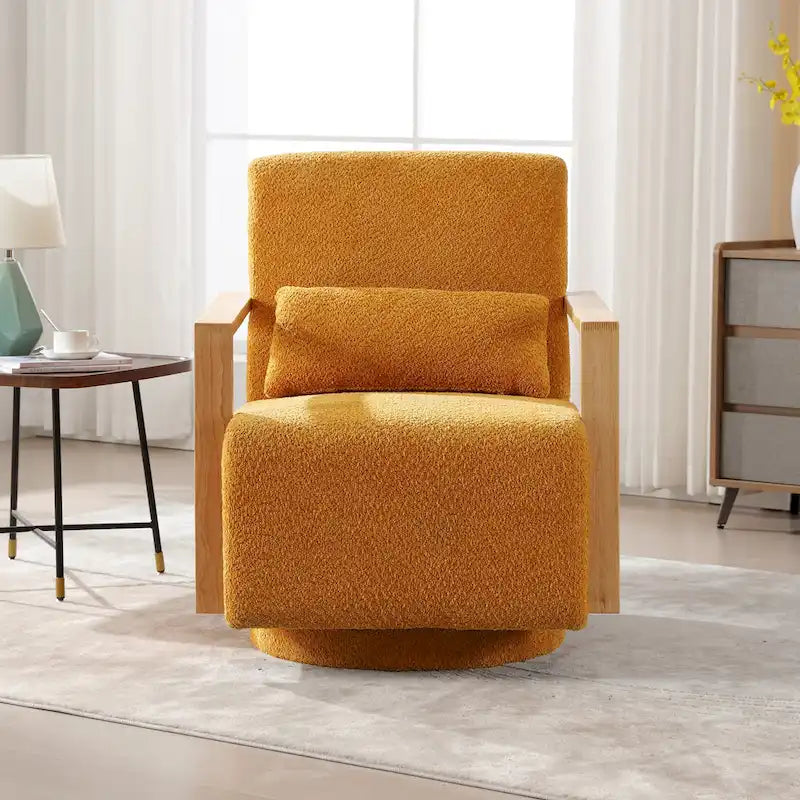 Mid-Century Boucle Upholstered Swivel Armchair with Pillow