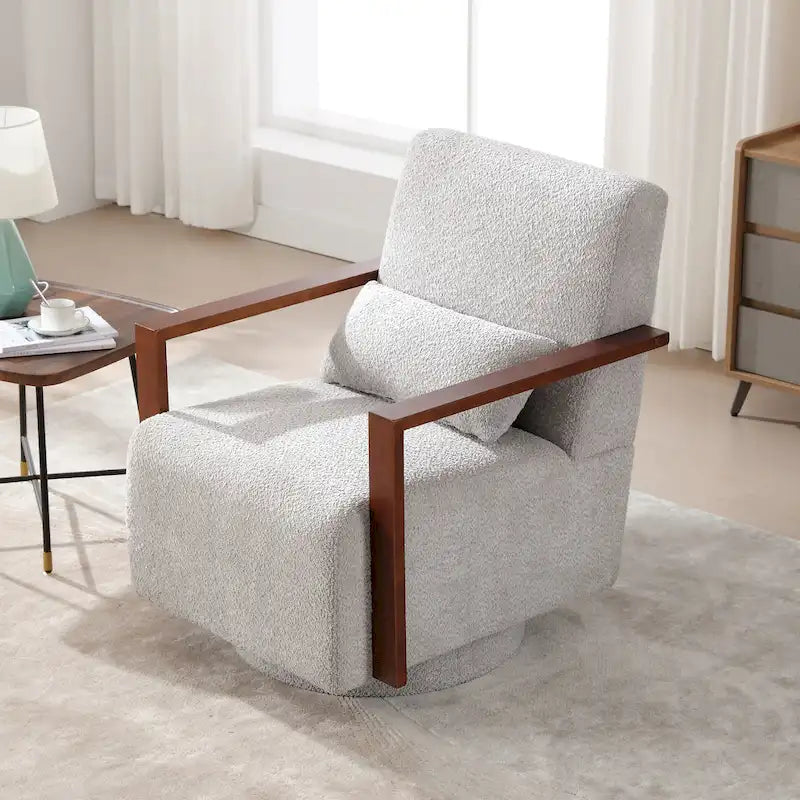 Mid-Century Boucle Upholstered Swivel Armchair with Pillow