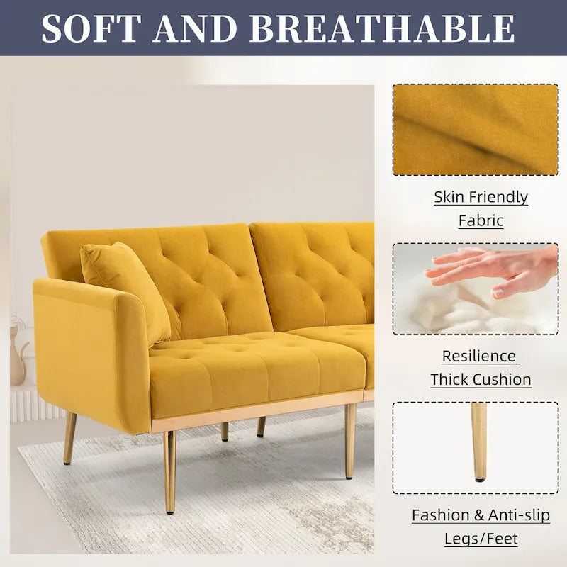 Velvet Tufted Loveseat Sleeper Sofa with Rose Gold Legs