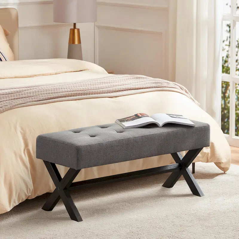Upholstered Entryway Bench with X-Shaped Legs, 35 Inch, Beige / Grey / White