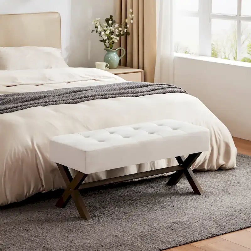 Upholstered Entryway Bench with X-Shaped Legs, 35 Inch, Beige / Grey / White