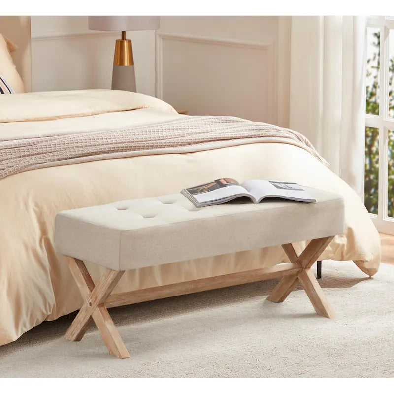 Upholstered Entryway Bench with X-Shaped Legs, 35 Inch, Beige / Grey / White