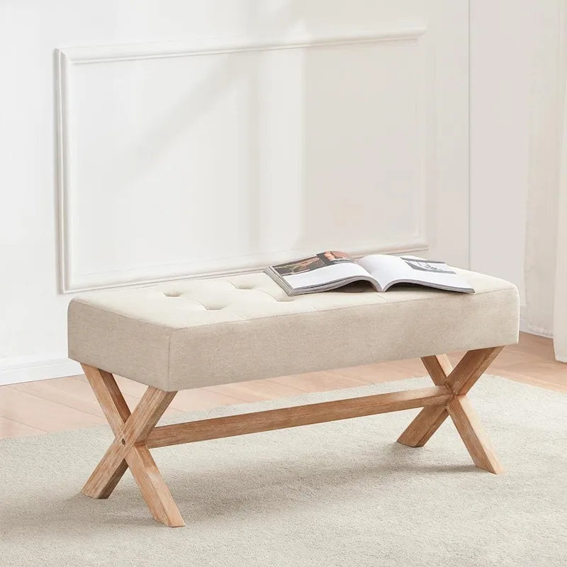 Upholstered Entryway Bench with X-Shaped Legs, 35 Inch, Beige / Grey / White