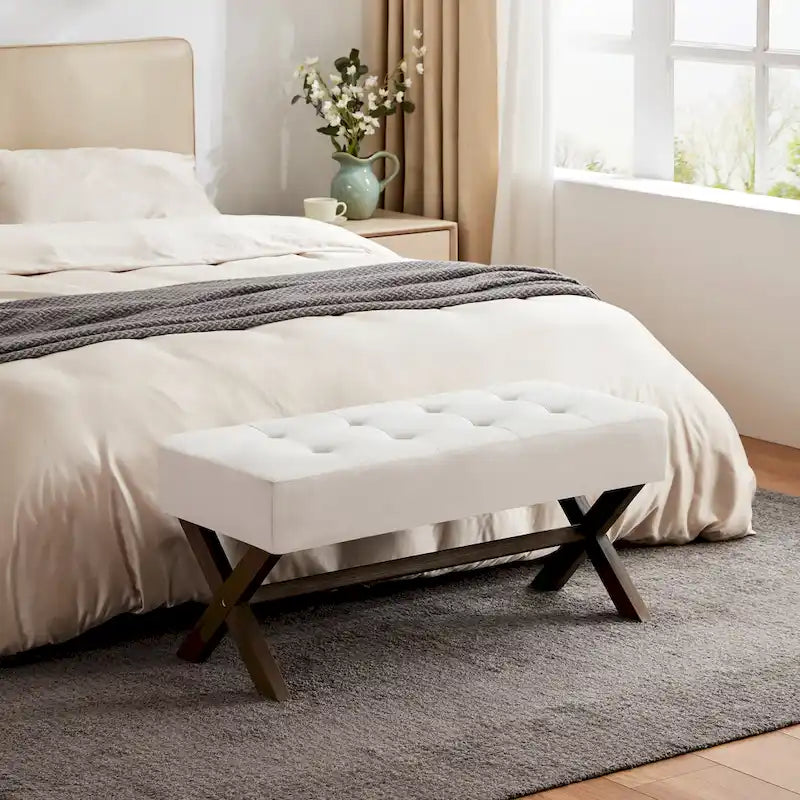 Upholstered Entryway Bench with X-Shaped Legs, 35 Inch, Beige / Grey / White