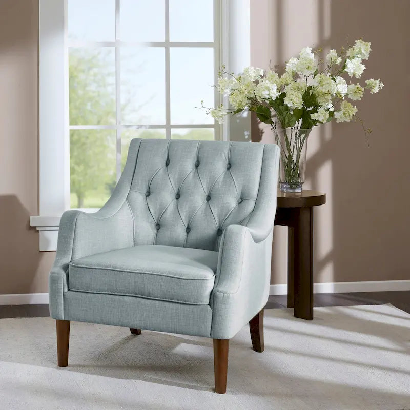 Button Tufted Accent Chair with Removable Seat Cushion and Solid Wood Legs