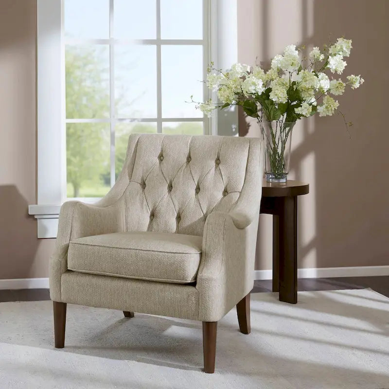 Button Tufted Accent Chair with Removable Seat Cushion and Solid Wood Legs