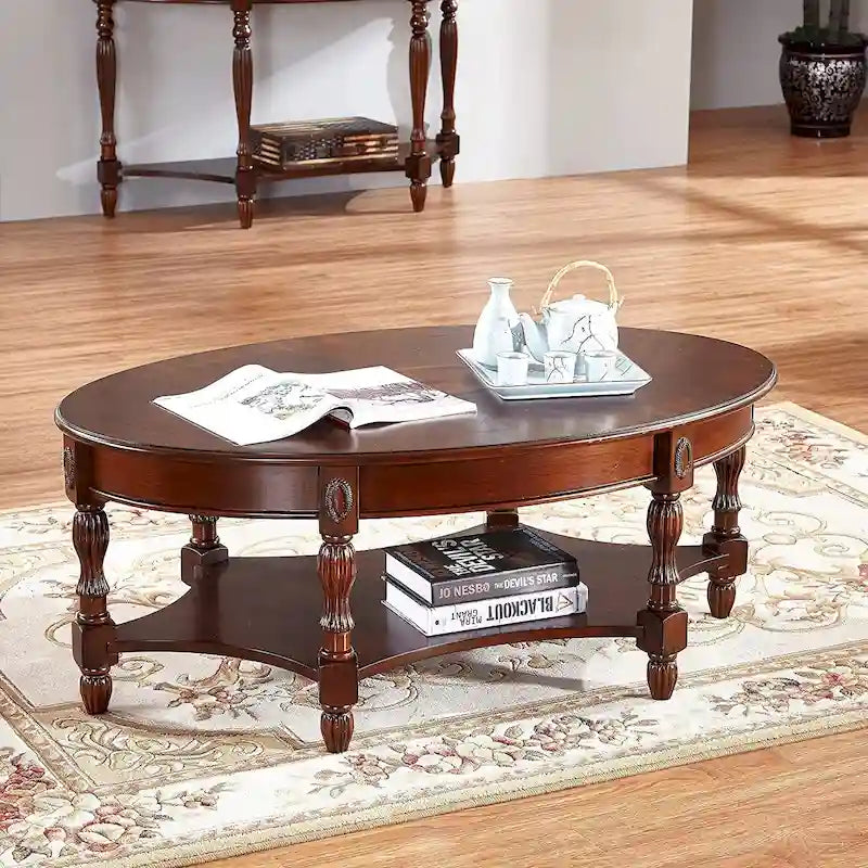 Vintage Oval Solid Wood Coffee Table with Drawer and Bottom Shelf