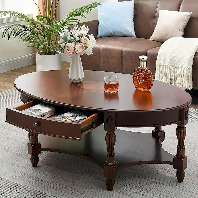 Vintage Oval Solid Wood Coffee Table with Drawer and Bottom Shelf