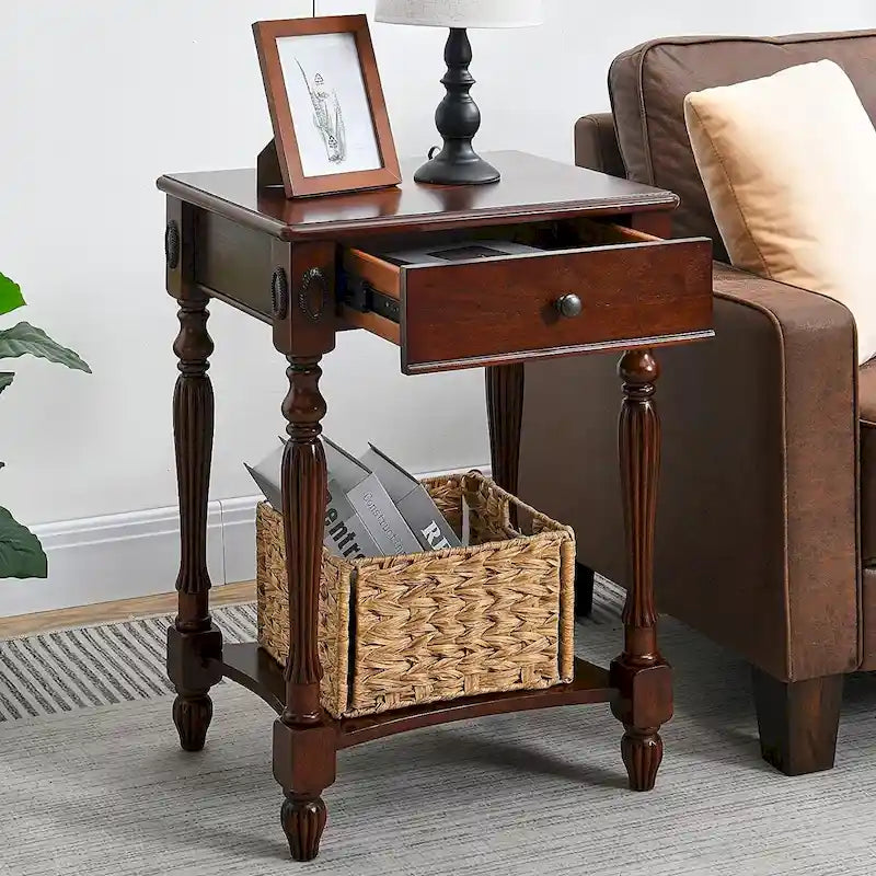Vintage Oval Solid Wood Coffee Table with Drawer and Bottom Shelf