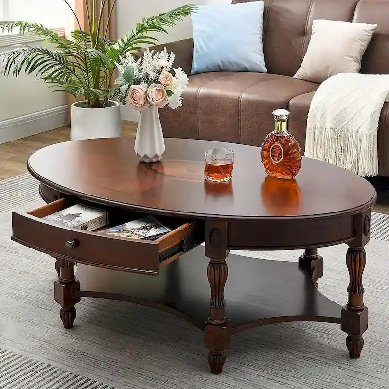 Vintage Oval Solid Wood Coffee Table with Drawer and Bottom Shelf