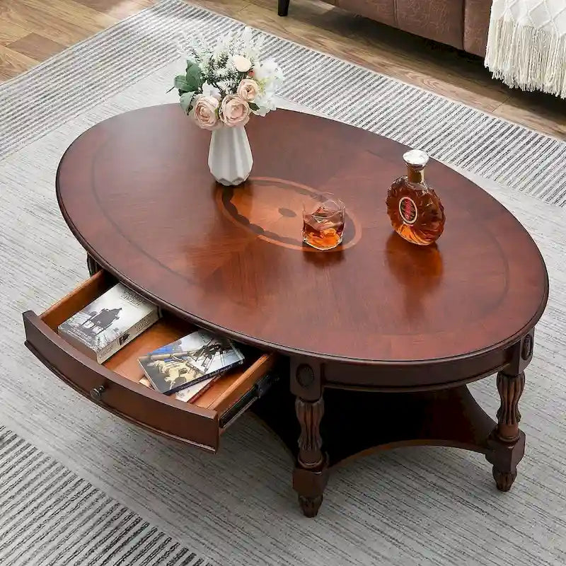 Vintage Oval Solid Wood Coffee Table with Drawer and Bottom Shelf
