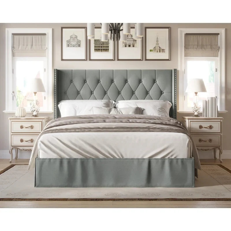 Tufted Upholstered Panel Bed with Wingback Headboard and Nailhead Trim