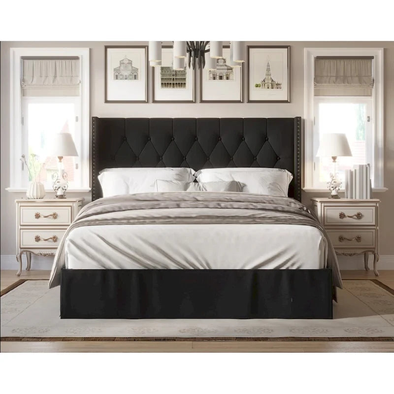 Tufted Upholstered Panel Bed with Wingback Headboard and Nailhead Trim