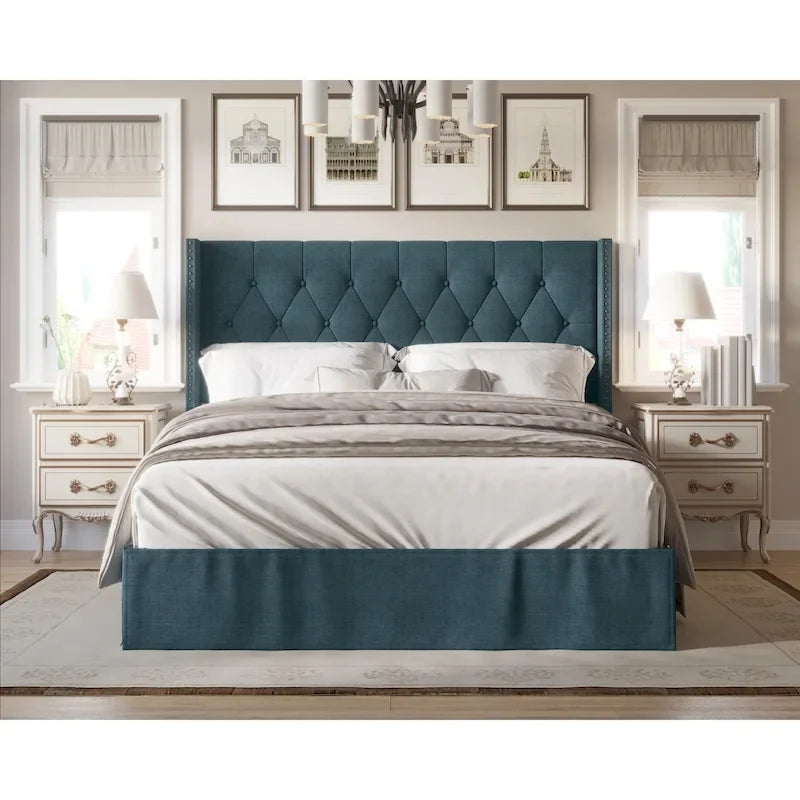 Tufted Upholstered Panel Bed with Wingback Headboard and Nailhead Trim