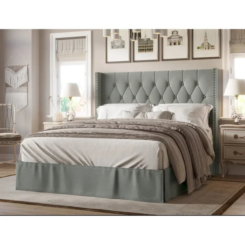 Tufted Upholstered Panel Bed with Wingback Headboard and Nailhead Trim