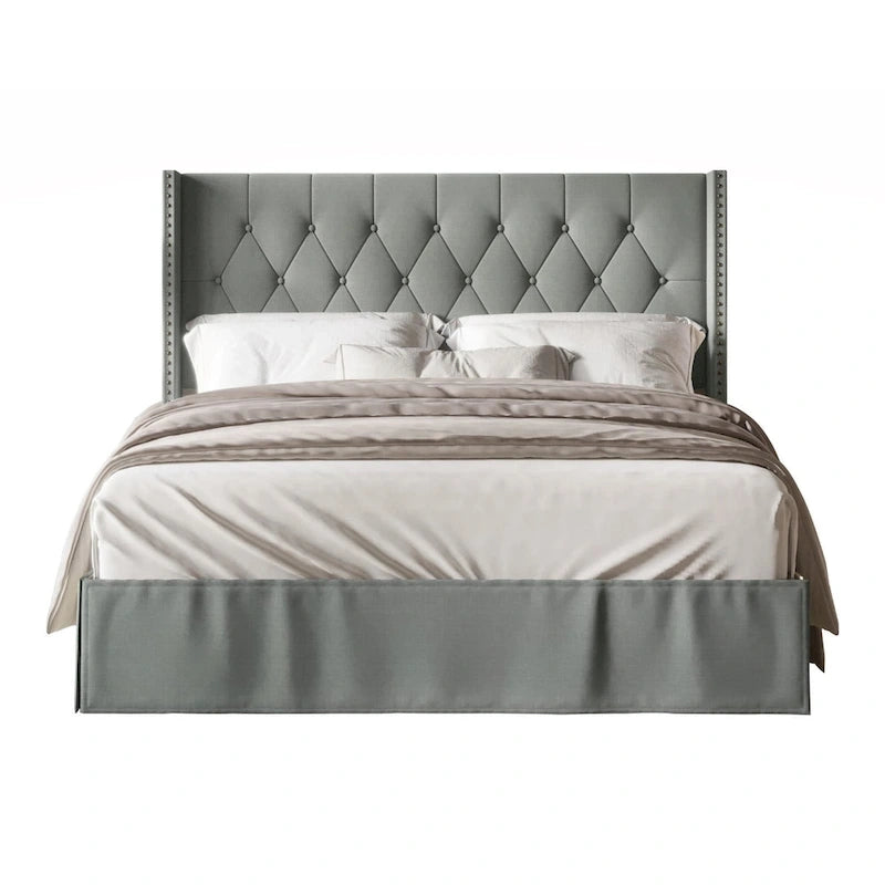 Tufted Upholstered Panel Bed with Wingback Headboard and Nailhead Trim