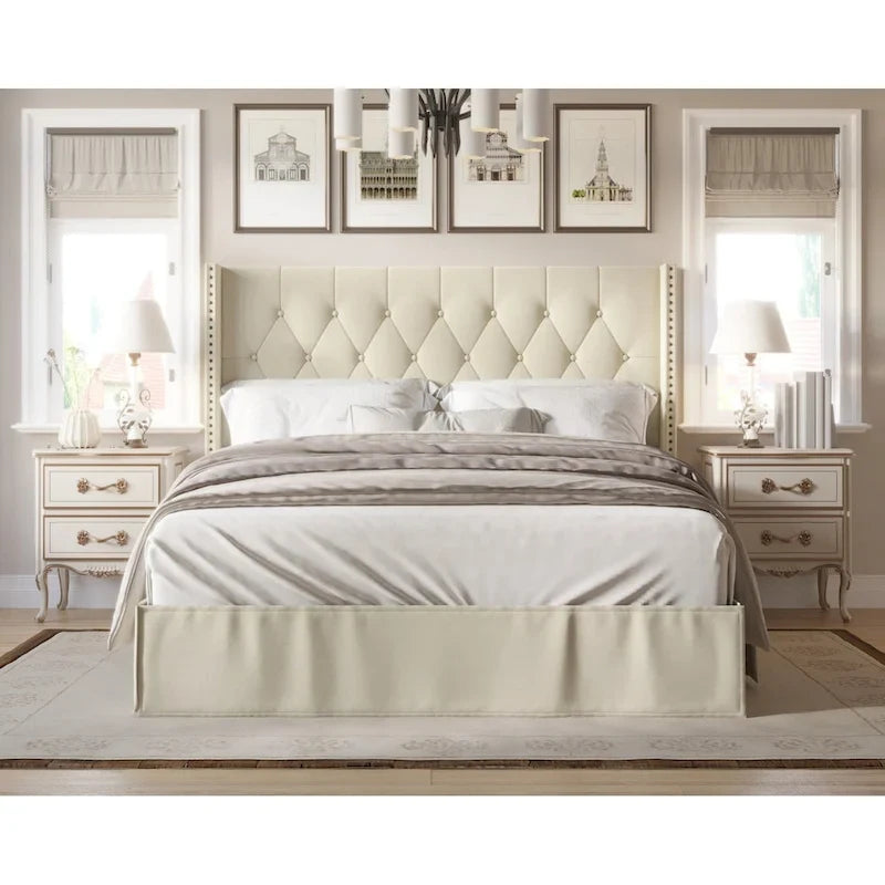 Tufted Upholstered Panel Bed with Wingback Headboard and Nailhead Trim